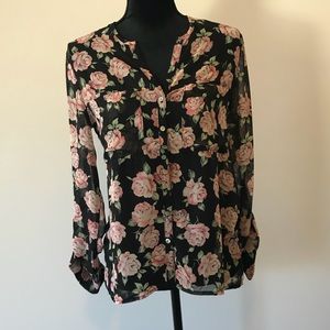 Forever 21 Black Pink Floral Chiffon Blouse S